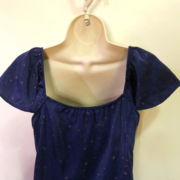 Lark + Grey Navy Blue/Brown Star Print Flutter Sleeve Midi Dress,Large - Picture 6 of 16